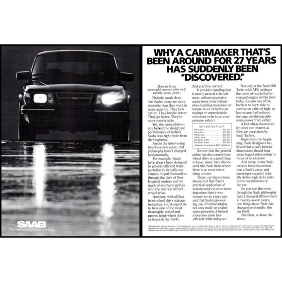 1984 Saab 900 Turbo Sports Sedan Vintage Print Ad Headlights Wet Pavement Photo - Picture 1 of 3